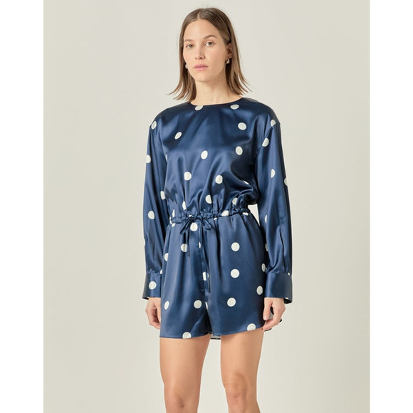 NEW! English Factory Dot Printed Satin Long Sleeve Romper Navy Medium - Picture 1 of 11